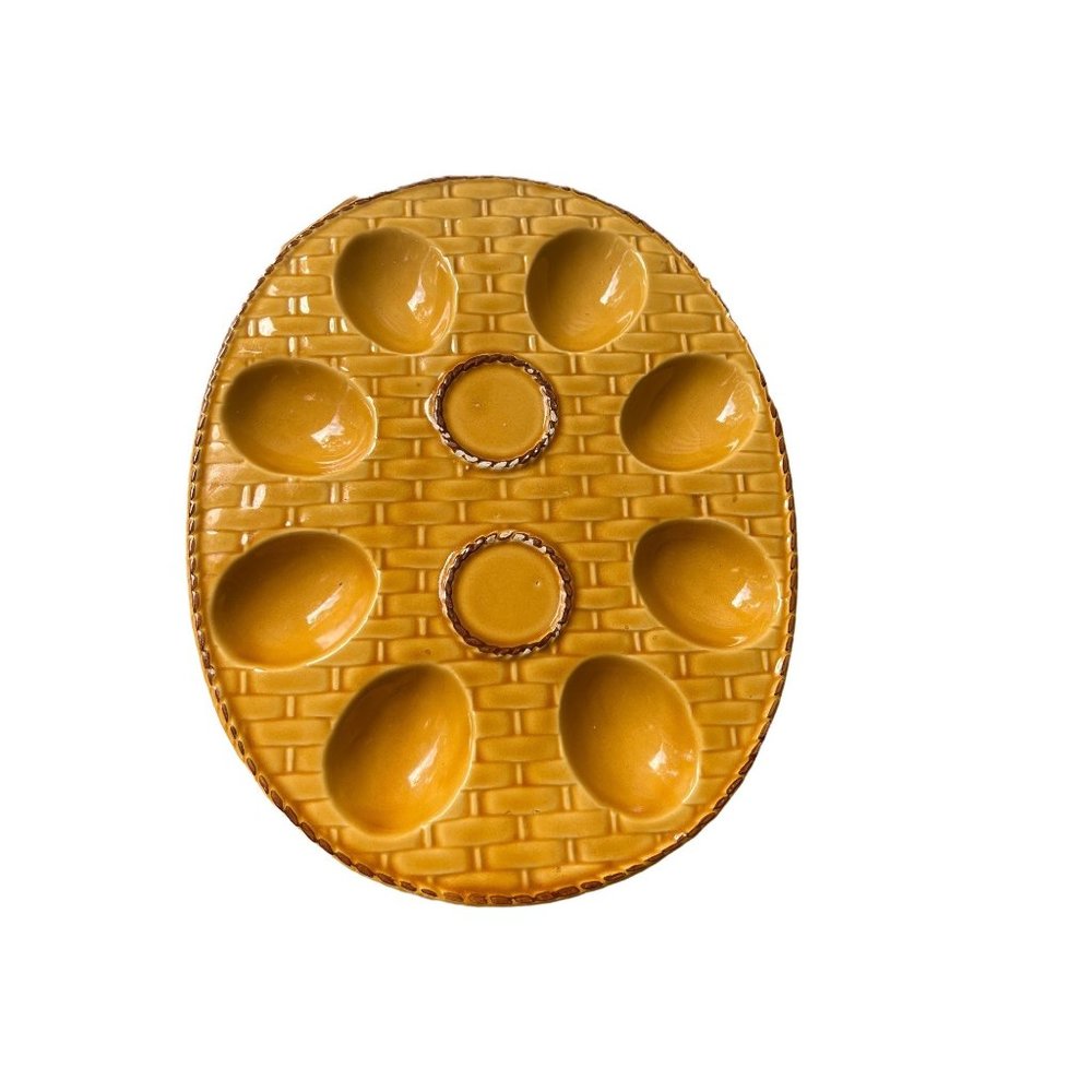 Vintage Deviled Plate Made in Japan Brown Basket Weave 8 eggs